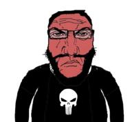 angry beard closed_mouth clothes glasses hair punisher punisher_face red_skin skull soyjak subvariant:science_lover variant:markiplier_soyjak // 1017x935 // 377.1KB