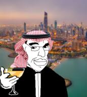 arab city closed_mouth drink ear glass glasses holding_object irl_background islam keffiyeh smile tuxedo variant:chudjak water // 646x722 // 534.8KB