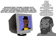 angry black_skin bloodshot_eyes clothes crying don't_copy_that_floppy ear gigachad grey_skin grin hat mc_dp microsoft monochrome open_mouth piracy product_keys smile smirk smug static stretched_mouth text variant:soyak windows windows_2000 windows_95 windows_98 windows_me windows_xp wojak wojak_(beer)k // 2200x1417 // 886.7KB