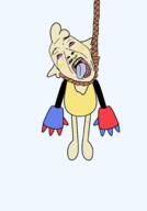 ack arm artist:juaco beige_skin bloodshot_eyes blush cartoon claw crying dandy's_world eyebrows fluffy_hair freckles goob_(dandy's_world) leg open_mouth rope suicide variant:bernd // 1400x2000 // 102.8KB