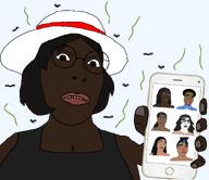 angry asian black_skin brown_eyes clothes female flag:somalia flies frown glasses hair hand hat holding_object holding_phone makeup multiple_soyjaks nigger nigger_lips phone red_lips rotting shitskin stink_lines stinky subvariant:female_cobson t50_eyes teeth variant:cobson variant:soytan yellow_teeth // 1500x1300 // 289.5KB