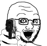 crazed firearm glasses gun hand holding_gun holding_object holding_pistol open_mouth pistol soyjak stubble subvariant:soyak_(crazed) variant:soyak weapon // 740x724 // 68.6KB