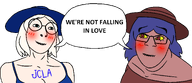 blue_hat blushing bra clothes hair hat horny jimbo_(namefag) jimboclittyleakagearchive_(namefag) looking_at_each_other love meta:namefags series:foidjaks speech_bubble subvariant:female_cobson subvariant:female_feraljak variant:cobson variant:feraljak white_hair white_skin yellow_scelera // 2500x1084 // 195.2KB