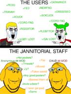 4chan 4soyjaks anime badge glasses greentext hair janny multiple_soyjaks nate seething stubble toss variant:chudjak variant:gapejak yotsoyba // 1671x2220 // 113.4KB