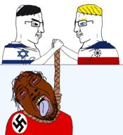 3soyjaks adolf_hitler arm bloodshot_eyes blue_eyes brown_skin closed_mouth clothes crying dead flag glasses hair hand handshake handsome hanging hat jews judaism kippah mustache nazi_germany nazism open_mouth pan_slavism purple_hair rope side_profile slav slavic smile smug soyjak star_of_david stubble swastika tongue trend:aryan variant:bernd variant:chudjak world_war_2 yellow_hair yellow_teeth // 1459x1600 // 1.0MB