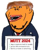 2024 amerimutt blond canada clothes donald_trump hair mexico microphone mutt necktie open_mouth orange_skin politics president stubble subvariant:impish_amerimutt text variant:impish_soyak_ears // 666x838 // 150.6KB