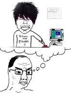 2soyjaks aol button closed_mouth computer glasses goth hair millenial millions_must_die sound subvariant:chudjak_front thought_bubble variant:chudjak video windows // 788x1024, 15s // 2.2MB
