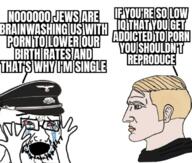 bloodshot_eyes chad clothes crying glasses hand hat impact_font military military_hat nazism nordic_chad open_mouth peaked_cap politics reichsadler soyjak soyjak_comic stubble swastika text totenkopf variant:cryboy_soyjak wordswordswords // 680x578 // 351.2KB