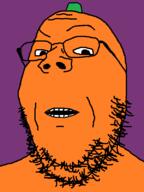confused food glasses half_open_mouth halloween inhuman jack_o_lantern orange_skin pumpkin purple_background series:fruiterz! soyjak stubble variant:gapejak // 600x800 // 21.8KB