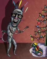 2soyjaks album_cover angry animal arm bell cat cat_ear cat_eyes cat_tail christmas_lights_ christmas_tree crooked_teeth foot full_body fur glasses green_skin grey_skin hand leg light lizard music oingo_boingo open_mouth ornament sail spots stubble tail variant:kliksjak variant:nerdjak whisker yellow_eyes // 1185x1500 // 2.0MB