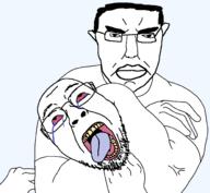 arm bloodshot_eyes buff choke_hold chud clothes ear glasses hair hand headlock makeup open_mouth series:chud's_hitman soyjak strangling stubble subvariant:pol_face template the_weak_should_fear_the_strong tongue transparent_background tshirt variant:bernd variant:chudjak // 1996x1844 // 88.3KB