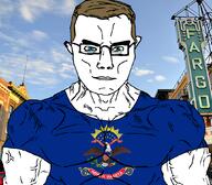 blue_eyes brown_hair buff clothes fargo glasses grey irl_background muscles north_dakota soyjak subvariant:chudjak_front subvariant:muscular_chud text tshirt variant:chudjak // 1059x929 // 667.1KB