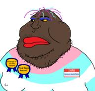 award black_skin blue_hair closed_mouth clothes fat flag flag:transgender_pride_flag gemersonlakeandpalmer_(user) gynaecomastia hair hello_my_name_is_(sticker) lips purple_hair soyjak spam stubble text tranny variant:meximutt // 888x849 // 43.2KB