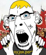 blue_eyes clothes ear glasses irl_background nate nazism open_mouth painted_nails soyjak soyjak_party stubble swastika text variant:cobson yellow_hair // 723x861 // 234.6KB
