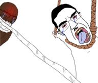 2soyjaks angry arm black_skin blood bloodshot_eyes blush bwc chud clenched_teeth closed_mouth crying deformed distorted glasses hand pointing rope smile smirk smug soyjak stubble variant:chudjak variant:soyak variant:two_pointing_soyjaks // 1062x900 // 363.7KB