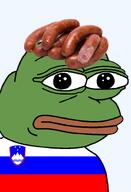 amphibian bald closed_mouth clothes country europe european flag flag:slovenia food frog green_skin irl kranjska_klobasa lips looking_at_you meat nas nas:pepe neutral pepe_the_frog remaster sausage series:pepe_hat slovenia slovenian transparent_background tshirt // 1008x1479 // 381.5KB