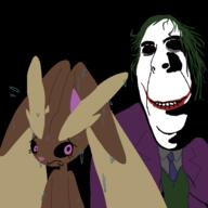 black_background clothes creepy dc dc_comics green_hair horny joker lopunny nsfw pokemon smile subvariant:hornyson suit sweating the_joker variant:cobson // 1378x1378 // 124.8KB