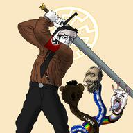 arm beard black_skin blm_logo classical_art_parody ear glasses happy happy_merchant israel lgbt nigger pale_skin shadow snake snake_tongue stubble swastika sword tongue uniform variant:chudjak variant:isaac white_skin yellow_teeth // 2048x2048 // 2.1MB