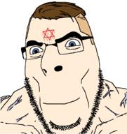 blue_eyes brown_hair buff closed_mouth glasses hair judaism smile soyjak star_of_david stubble tattoo variant:cobson vascular white_skin // 726x770 // 56.8KB