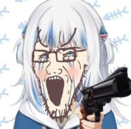 anime bloodshot_eyes blue_eyes clothes crying gawr_gura glasses hair hololive large_eyebrows open_mouth soyjak stretched_mouth stubble variant:soyak vtuber white_hair // 663x651 // 519.8KB