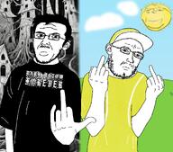 $uicideboy$ angry bfdi black_shirt cloud dark_mgtow glasses grass middle_finger smile soyjak stubble subvariant:wholesome_soyjak sun surreal tennis_ball variant:gapejak variant:rotjak variant:scientolojak yellow yellow_shirt // 1700x1500 // 841.2KB