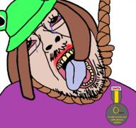 badge clothes crying dead female frog froge glasses hair hanging hat mustache open_mouth soot_colors soyjak tongue variant:bernd yellow_teeth // 768x719 // 323.7KB