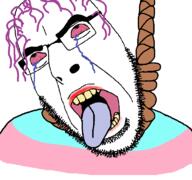 anhero animated bloodshot_eyes crying dead flag glasses hair hanging makeup open_mouth purple_hair rope soyjak spinning stubble suicide tongue tranny variant:cobson yellow_teeth // 768x719 // 89.8KB