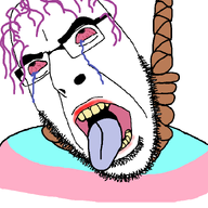 anhero animated bloodshot_eyes crying dead flag glasses hair hanging makeup open_mouth purple_hair rope soyjak spinning stubble suicide tongue tranny variant:cobson yellow_teeth // 768x719 // 89.8KB