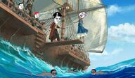 animal bandana bloodshot_eyes clothes crying green_skin hair hat multiple_soyjaks mustache open_mouth pirate pirate_hat purple_hair rope sea shark ship smile smirk smug soyjak suicide sword tongue variant:bernd variant:chudjak water // 2048x1191 // 447.0KB