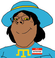 astrofene_(namefag) blue_shirt brown_skin clothes crimean_tatar eyelashes femboy femjak flag:crimean_tatar glasses hair hat hello_my_name_is_(sticker) smile soyjak subvariant:gapejak_female variant:gapejak yellow_sclera // 940x992 // 285.1KB