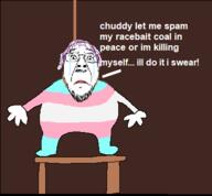 closed_mouth crying frown full_body glasses hair hanging mustache noose purple_hair rope soyjak stubble text tranny variant:bernd // 378x350 // 30.0KB