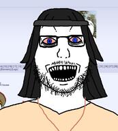 bloodshot_eyes blue_eyes glasses hair headband merge mustache necklace open_mouth soyjak soyjak_party stubble subvariant:jasonfront variant:jasonjak variant:soytan // 1034x1150 // 112.4KB