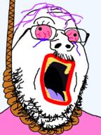 bloodshot_eyes crying dragon_ball glasses hanging open_mouth purple_hair rope shoop_da_whoop soyjak stubble suicide tongue tranny variant:gapejak yellow_teeth // 800x1067 // 298.2KB