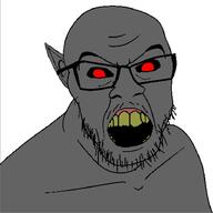 angry black_sclera dunmer ear elf glasses grey_skin looking_at_you open_mouth pointy_ears red_eyes soyjak stubble the_elder_scrolls variant:feraljak video_game white_background yellow_teeth // 923x923 // 131.8KB