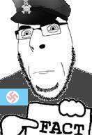 clothes fact flag glasses hand hat holding_object looking_at_you nazism neutral sign soyjak stubble swastika text tranny variant:cobson // 132x192 // 30.0KB