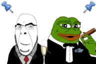amphibian beer clothes frog glass glasses green_skin hand holding_object nas:pepe necktie pepe_the_frog smile smoking soyjak sticky stubble suit tuxedo variant:cobson // 597x397 // 156.2KB