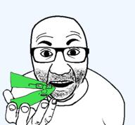 2soyjaks clothes glasses green greentext hand holding_object open_mouth perro_hold quote scared soyjak stubble subvariant:soyak_(concerned) variant:el_perro_rabioso variant:soyak // 430x400 // 17.9KB