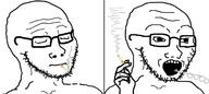 cigarette closed_mouth glasses hand holding_object open_mouth smoke soyjak stubble variant:soyak // 1588x712 // 99.2KB