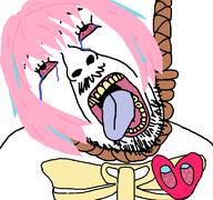 anime bloodshot_eyes blue_eyes clothes crying glasses hanging heart idolmaster mustache pink_hair rope soyjak stubble suicide tongue tranny variant:bernd yellow_teeth yumemi_riamu // 768x719 // 49.6KB