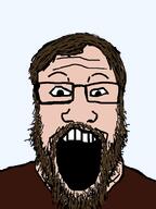 beard brown_hair clothes fuchs_(the_thing) glasses hair movie open_mouth soyjak sweater the_thing transparent_background variant:markiplier_soyjak white_skin // 600x800 // 27.0KB