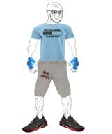 arm bald body_hair cargo_shorts closed_mouth clothes crocs fingerless_glove forehead_lines forehead_wrinkles full_body glasses leg_hair sarcasm shoe slayer smirk smug soyjak stubble t-shirt text tshirt variant:soyak white_background // 1004x1200 // 453.2KB