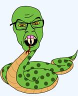 angry animal boa cobra fangs full_body glasses green_skin metal_gear open_mouth python reptile series:animaljaks snake soyjak teeth tongue variant:feraljak yellow_sclera // 1300x1600 // 42.2KB