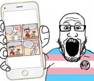 antifa badge clothes glasses holding_object holding_phone iphone open_mouth phone soyjak speech_bubble stonetoss stubble subvariant:phoneplier subvariant:phoneplier_vertical tranny variant:markiplier_soyjak wordswordswords // 680x593 // 288.7KB