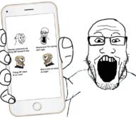 2soyjaks arm bloodshot_eyes chad clothes crying glasses hand holding_object holding_phone iphone mask mustache nordic_chad open_mouth phone redraw soyjak soyjak_comic stubble subvariant:phoneplier subvariant:phoneplier_vertical text tshirt variant:markiplier_soyjak variant:soyak // 796x685 // 350.5KB