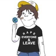 bandage brown_hair cap closed_mouth clothes hair hat holding_lollipop holding_object lollipop rape rape_everyone_and_leave shota smile soyjak subvariant:shoyta text tshirt variant:gapejak // 720x720 // 32.2KB