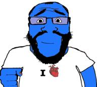 arm balding beard blue_skin calm closed_mouth glasses hair hand holding_object i_love smile subvariant:science_lover template text variant:markiplier_soyjak // 1001x892 // 193.4KB