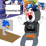 amy_rose angry arm beard blood body chair classic_sonic clothes computer desk enraged fan fanboy fire glasses green_eyes gums hair hand hat knuckles_the_echidna leg message nose nosebleed poop poster red_eyes sega sonic sonic_advance sonic_advance_3 sonic_adventure sonic_the_hedgehog soyboy sticker stink_lines stinky stubble subvariant:hairson tails_(sonic) teeth text troon troonslop variant:cobson variant:smugjak // 2560x2560 // 2.4MB