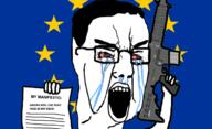 angry arm bloodshot_eyes crying europe european_union firearm flag flag:european_union glasses gun hand holding_gun holding_object holding_rifle manifesto mass_shooter paper rifle soyjak star_(symbol) text variant:chudjak weapon yuropoor_cuck_faggot // 680x414 // 99.8KB
