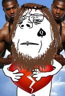 arm bbc blood brown_hair buff christianity cloud facial_mark frown glasses hair hand heart heaven holding_heart holding_object irl_background jesus negro queen_of_spades sad soyjak stubble subvariant:wholesome_soyjak tattoo variant:gapejak // 974x1447 // 1.1MB