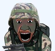 clothes hat helmet k_(4chan) military open_mouth soyjak variant:el_perro_rabioso weapon // 427x400 // 103.8KB